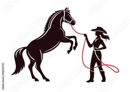 Silhouette of a Cowgirl Handling a Rearing Horse on a White Background