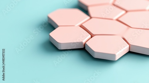 Pink hexagons connect on a light blue surface. Geometric pattern forms a close up design. Simple shapes create a modern textured background.