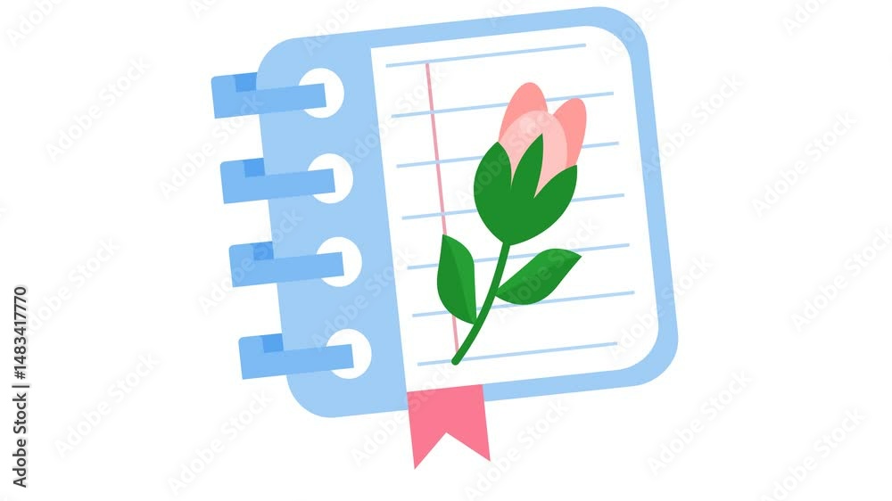 Spring planning notes in cartoon animation. Notebook with tulip icon. Floral sketchbook symbol. Botanical journal and flower dictionary logo. Summer writing task sign. Alpha channel. Seamless looping.