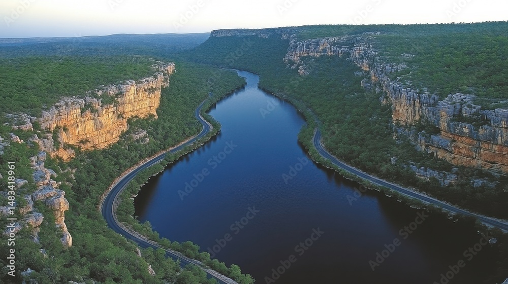 Fototapeta premium Winding River Flowing Through Deep Canyon Surrounded by Dense Forest