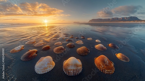 Aerial view of seashell scattered across beach captured drone high angle natural symmetry of shell their pattern sand highlighted soft light of early morning polarizing filter reduces glare enhances