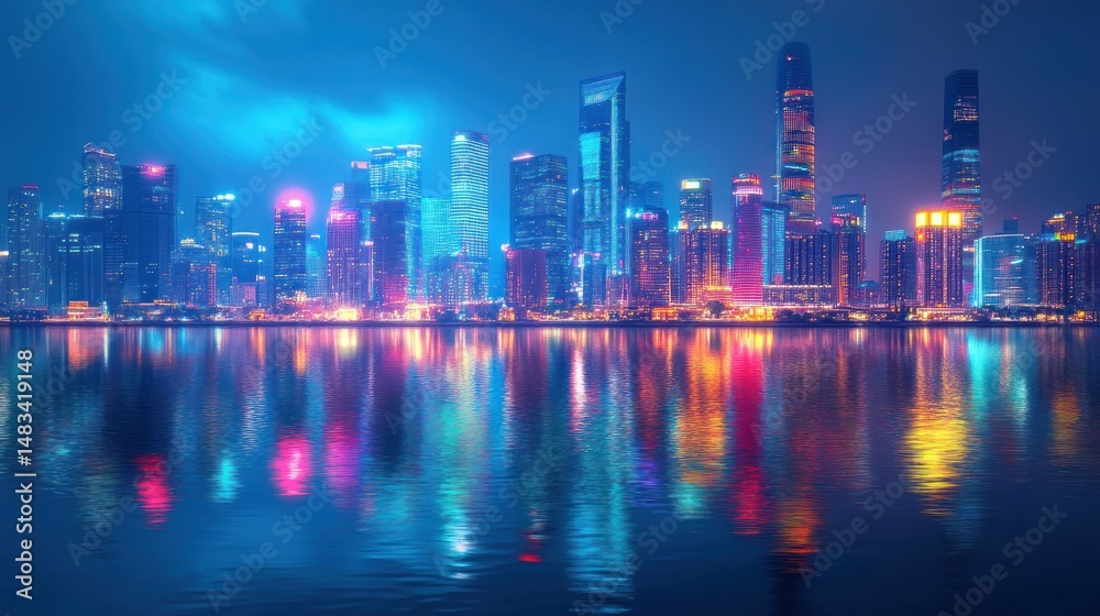 Fototapeta premium Night Cityscape Reflection: A Vibrant Metropolis at Night