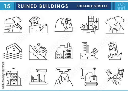 A set of line icons related to Ruined Buildings. Ruins, destruction, earthquake, war, lightning, ancient, and so on. Vector editable stroke.