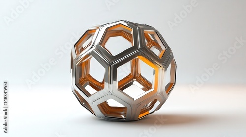 Metallic hollow sphere with intricate hexagonal design.