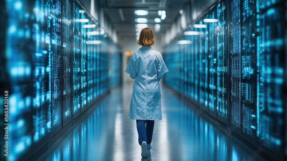 Fototapeta premium A scientist walks through a high-tech server room