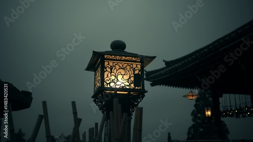 Wallpaper Mural Traditional Japanese Lantern Glowing at Dusk in Temple Courtyard Torontodigital.ca