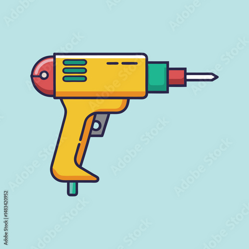 Isolated electric drill on a light blue background is brightly colored