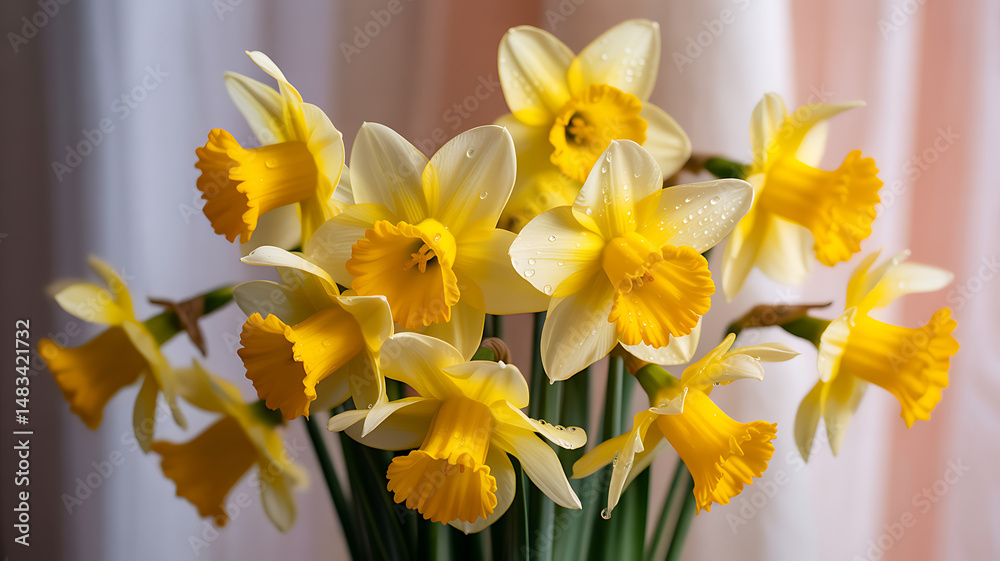 Obraz premium Yellow daffodils spread in a fan shape across a blush pink background with detailed close-up and soft shadows