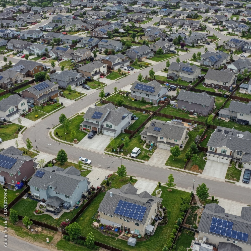 Fototapeta premium Aerial View of Suburban Neighborhood with Solar Panels