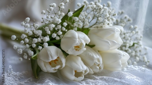 A chic bridal arrangement with snow-white tulips and tiny babyâ€™s breath blossoms, radiating beauty and simplicity
