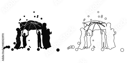 Vector silhouette of kids playing together using a parachute toy, representing teamwork, childhood fun, and physical activity