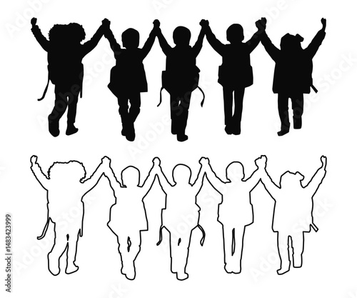 Vector illustration of six children holding hands with backpacks, symbolizing friendship, teamwork, and school community