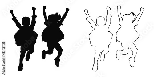 Vector silhouette and outline drawing of two children running forward with raised arms, likely excited for school or play. Depicts freedom, childhood excitement, and movement