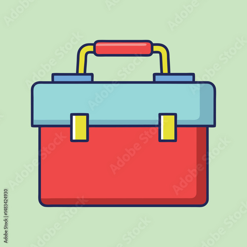 A cartoon toolbox, colored red and blue with a green background