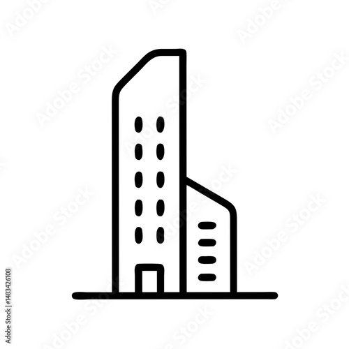 Tall Building with Side Wing Icon Representing Urban Architecture, Commercial Complex, and Multi-Section Office Structure