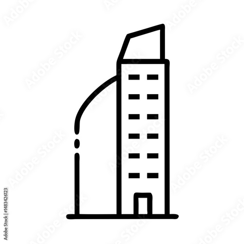 Tall Building with Side Wing Icon Representing Urban Architecture, Commercial Complex, and Multi-Section Office Structure