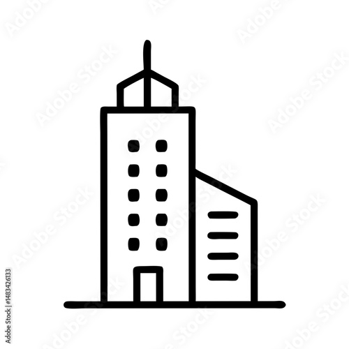Tall Building with Side Wing Icon Representing Urban Architecture, Commercial Complex, and Multi-Section Office Structure