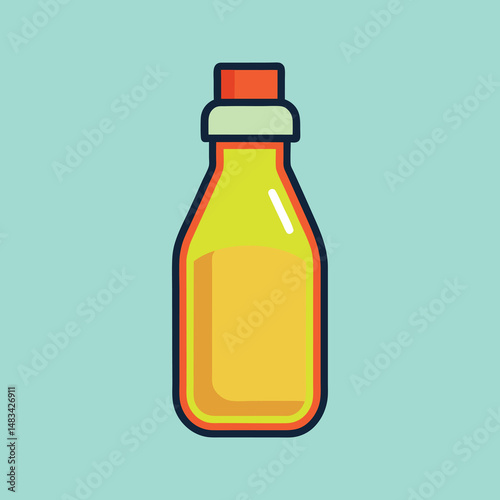 Cartoon bottle containing yellow liquid against a teal background creates eyecatching art