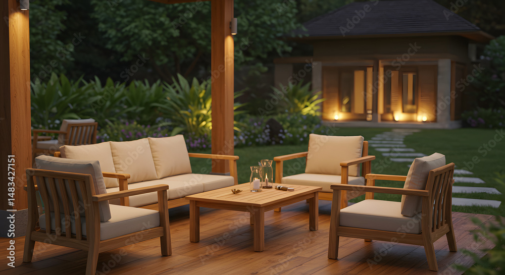 Fototapeta premium Outside area with wood furniture 