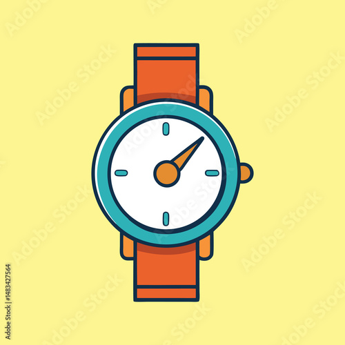 Stylized wristwatch illustration with a turquoise face and orange band on yellow background
