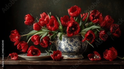 A countryside-inspired tulip display with red blossoms gently spilling over a vintage pottery piece