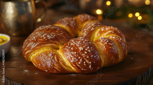 German-style pretzels on wooden table with mustard dip and beer stein background.