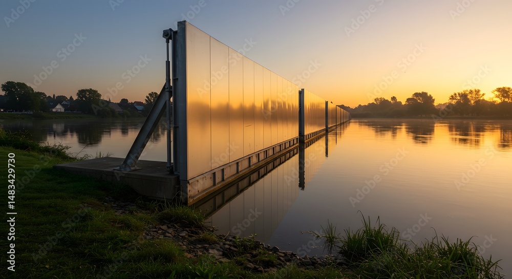 Obraz premium Flood barrier reflecting sunrise over calm water with grassy bank in the foreground