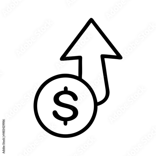 Upward Arrow with Dollar Coin Icon Representing Financial Growth, Economic Increase, and Profit Rise Indicator