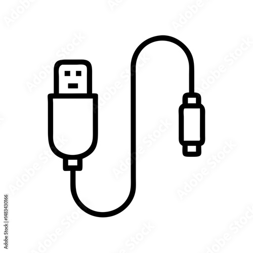 USB Cable with Connector Icon Representing Data Transfer Cord, Charging Cable, and Peripheral Device Interface