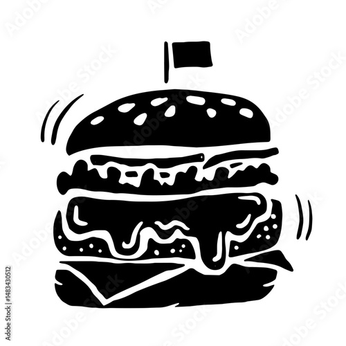 Hand-drawn black burger with flag, dripping cheese, and bold lines; great for food branding, burger shop logos, menus, packaging, or social media designs.