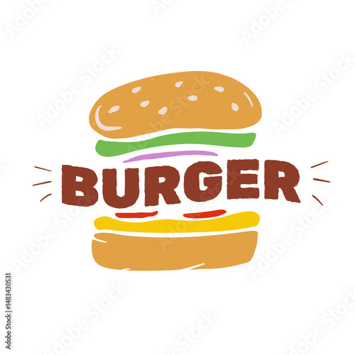 Hand-drawn burger logo with bold text, perfect for restaurant branding, menu design, food packaging, advertising, café decor, stickers, or digital content.