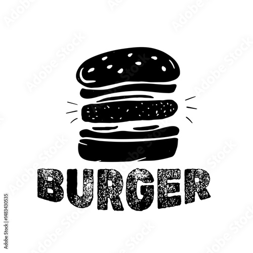 silhouette hamburger logo with sesame buns, cutlet, cheese, vegetables, lettering for menu design, fast food restaurant, cafe