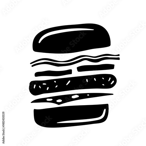 stylized silhouette of burger with bacon, cheese, tomatoes, cutlet; for sandwich branding, food, logos, icons, menu, packaging, social media design.
