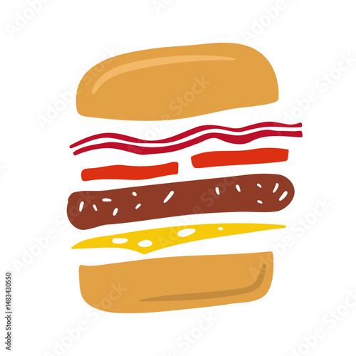 stylized color silhouette of burger with bacon, cheese, tomatoes, cutlet; for sandwich branding, food, logos, icons, menu, packaging, social media design.