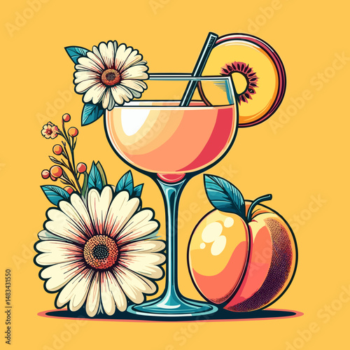 Bellini cocktail with peach and flower, retro Pop Art Style, colorful vector