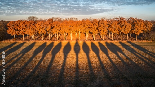 Foto Aerial shot of tree shadow patterns formed rows of trees across field sunset lon