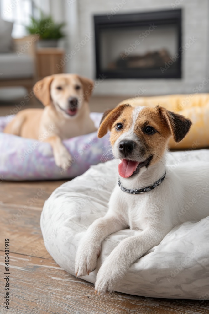 Colorful pet loungers with happy dogs sharing tips about pet care and comfort Colorful pet loungers with happy dogs sharing tips about pet care and comfort