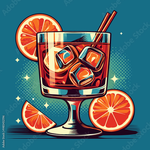 Negroni cocktail on blue background in retro Pop Art style vector