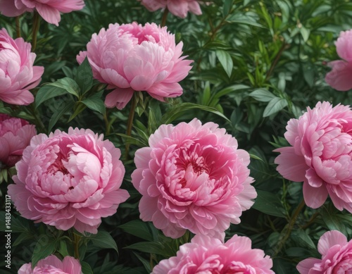 Luscious pink peonies, lush green leaves  Close-up view ,  vibrant,  image