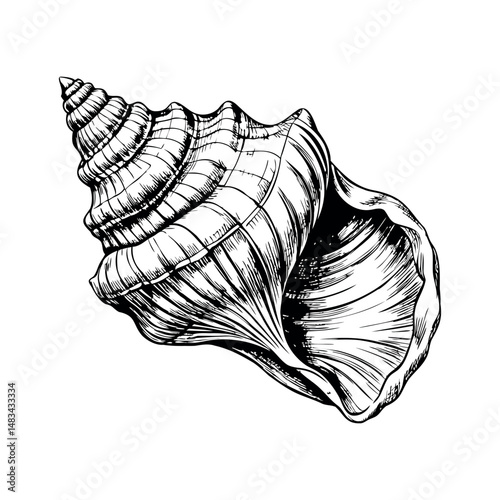 ribbed conical seashell, blue line sketch style on white background