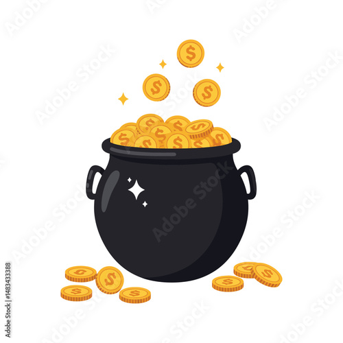 “Pot of Gold Coins with Falling Dollar Symbols – Wealth and Fortune Illustration”