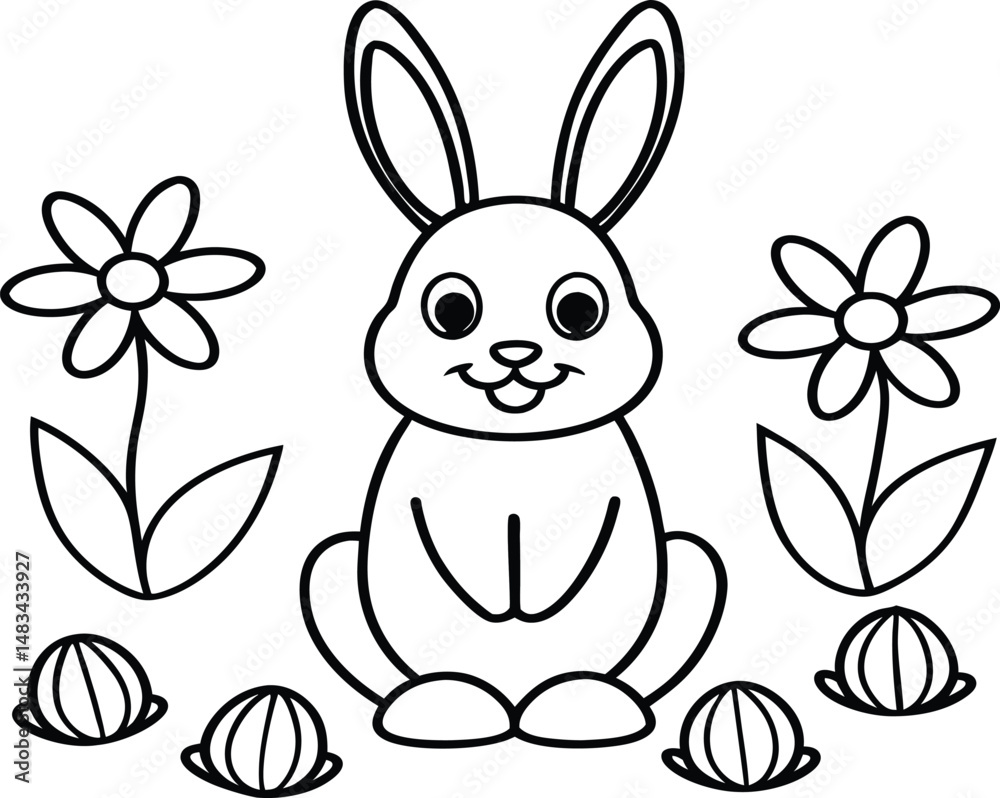 Obraz premium Cute Bunny with Flowers in a Fun Spring Coloring Page for Kids