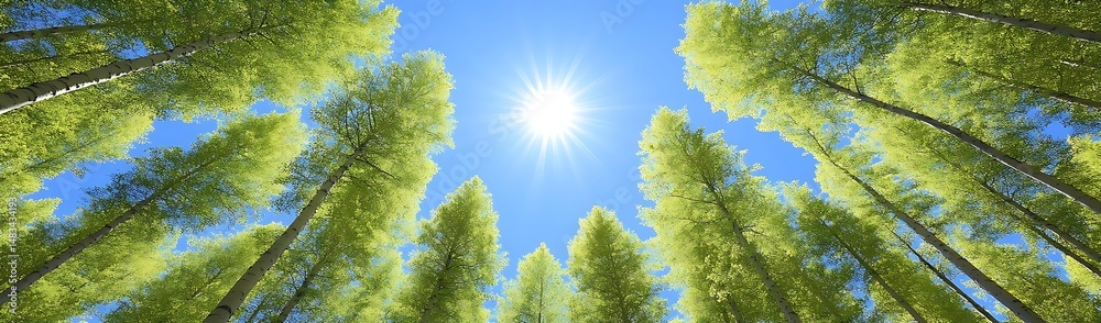 Obraz premium Sunlit forest canopy, bright sky. Nature background
