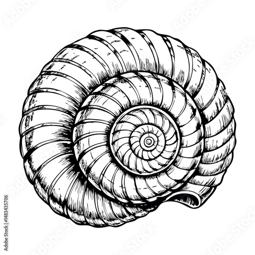 narrow twisted sea snail shell, clean blue outline isolated on white background