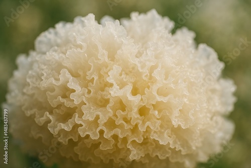 Close up of a white brain coral mushroom, showcasing its intricate, ruffled texture against a blurred green background