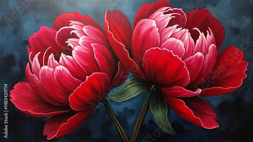 Red peonies, acrylic painting on canvas.	