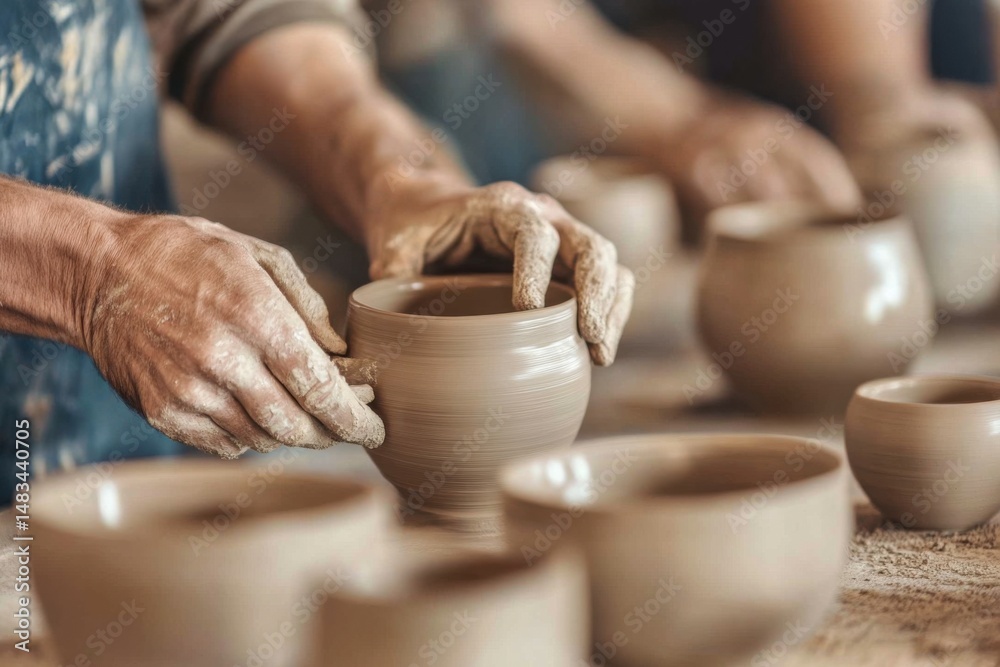 Diverse artisans shaping unique pottery pieces in a traditional ceramic workshop setting Diverse artisans shaping unique pottery pieces in a traditional ceramic workshop setting
