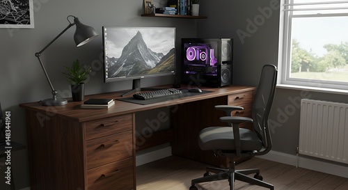 Serene Home Office: Dark Wood Desk, Realistic 3D Render