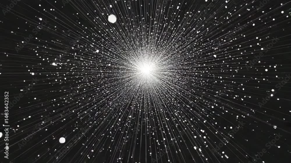 Abstract light explosion, monochrome pattern, representing expansive energy and cosmic beginning, on dark ground