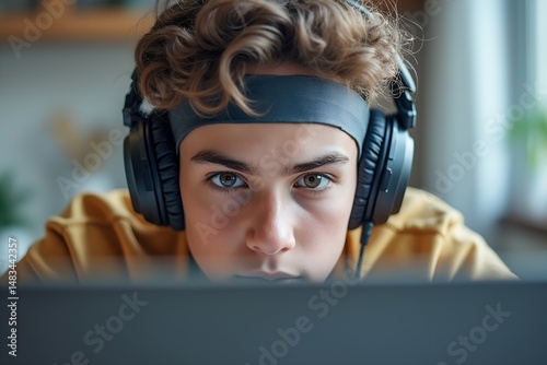 Teenager focused on laptop while wearing headphones in home environment   photo